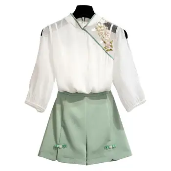 2020 broderie bluza femei 2 bucata set elegant topuri și pantaloni scurți set primavara-vara 2 bucată de costume de stil Chinezesc set