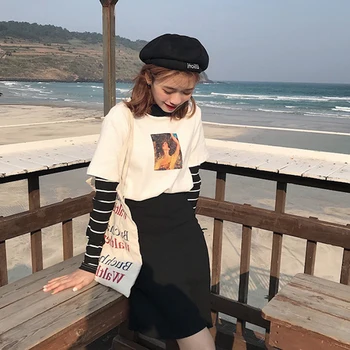 2021 coreean Fals Două piese T-shirt Femei Topuri Student de Moda pentru Femei cu Maneci Lungi tricou negru Femei de Imprimare la Modă de sex Feminin tees