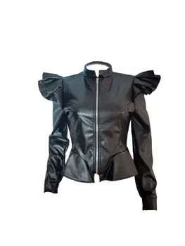 2021 Femei Nou PU Jachete Volane Umăr Volan Maneca Lunga Zip pentru a Deschide Faux din Piele Doamna de Moda Haine Negre S-2XL