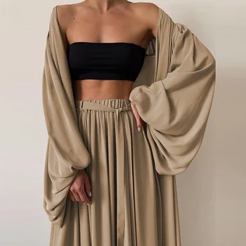 2021 Modă De Culoare Solidă 3 Seturi De Piese Homewear Femei De Primăvară Felinar Cardigan Maneca Topuri+Pantaloni Largi Picior Costume Lady Moale Tinuta