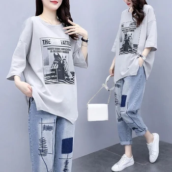 2021 Noi de Vara Femei Set /O Bucată coreean de Imprimare T-shirt Și Blugi 2 BUC Femei Plus Dimensiune Liber Casual Pantaloni din Denim Tinuta 4XL 698