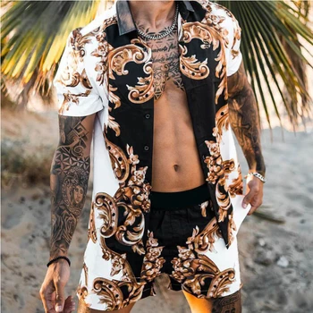 2021 Noi Hawaiian Moda de Imprimare Tricou Maneci Scurte Set Bărbați Plaja de nucă de Cocos Print pantaloni Scurți pentru Bărbați de zi cu Zi de Plajă, tricouri Set de Două piese S-