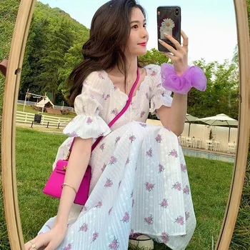 2021 Vara Dulce Rochie Eleganta Pentru Femei Maneca Scurta Șifon Florale Rochie De Petrecere Plaja Rochie Casual Kawaii Stil Coreean Doamnă Birou