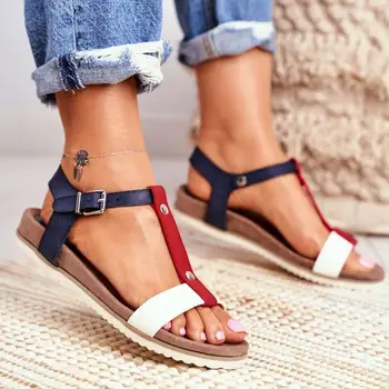 2021 Vara Femei Sandale De Moda Casual, De Culoare Mixt Feminin Pantofi Plat Nouă În Aer Liber Stil Boho Curea Glezna Doamna Încălțăminte