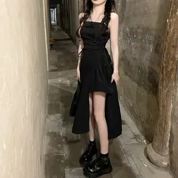 2021 Vara Suspensor Rochie Dark Gothic Punk Curea Neregulate Negru Talie Mare Sexy Rochie Mini Streetwear Rochii Pentru Femei Partid