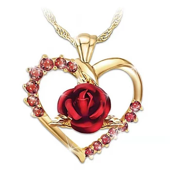 3.4*2.8 cm Inima Trandafir Rosu Floare Pandantiv din Aur pentru Femei Coliere Aliaj Răsucite Singapore 42cm Lanț Cristal 2021 Moda Bijuterii