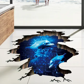 3D, Albastru Inchis Vis Delfin Etaj Autocolant Baie Camera de zi Etaj Decor Mural Autocolante de Perete Decor Acasă Decalcomanii Tapet
