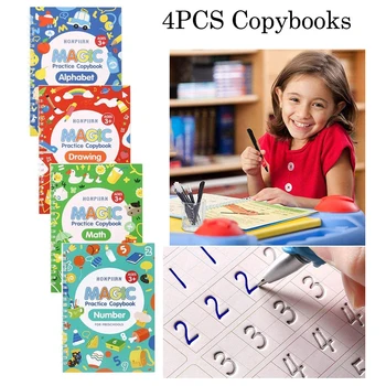 4 Cărți/Seturi de Magie Carte Exercițiu, Reutilizabile Jucării pentru Copii Pentru a Scrie Numere și Litere engleza Montessori 3D Caligrafie