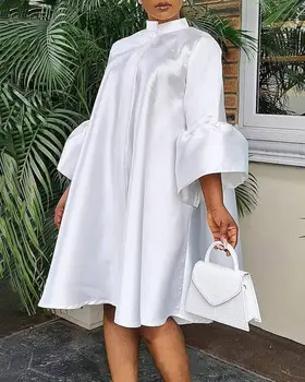 Afro-Shirt Rochii Pentru Femei Zburli Maneca Vrac Boubou 2021 Noi Solidă Stand Guler Streetwear-Sexy Africane Office Lady Dress