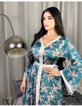 Albastru Florale Imprimate Dubai Femei Arabe Rochii De Partid 2021 Mai Noi Mâneci Lungi V-Neck Butoane Split O Linie Musulman Rochie Lunga