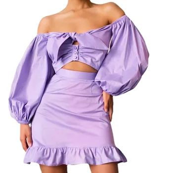 Balon Mâneci Slash Gât Rochie Seturi 2021 Summmer Femei 2 costum Violet Drăguț Unduiri Rochie Seturi Trunchiate Topuri+Fuste mini