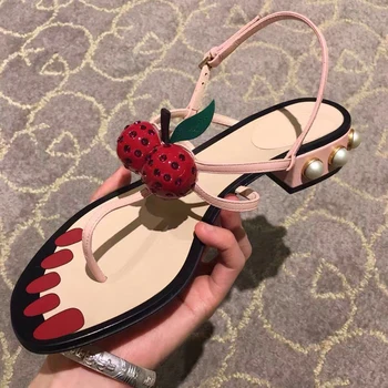 BONJEAN Femeie Sexy Sandale Fashion Cherry Decoratiuni Curea Glezna Pantofi de Vara din Piele de culoare Roz Margele Perle Pantofi Plat Thong Sandal