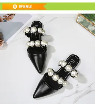 Celebrul designer de perle de mare papuci femei subliniat toe bandă dublu pearl nituri catâri pantofi de femeie vară diapozitive, flip flops