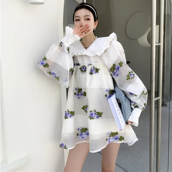 CHEERART Petală Jacquard Zburli mâneci Lungi Rochie de Rochie de Bal Pentru Femei Primavara 2021 Drăguț Alb Florale Rochie Mini Stil coreean