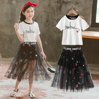 Copii Fete de Vară Litera T-Shirt + Negru Broderie Fusta 2 buc Haine-Seturi Haine Copii 10 12 Printesa de Nunta Costume de Partid