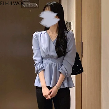 Coreea De Topuri Chic Blusas Femei De Moda Flhjlwoc Subțire Talie Elastic Burta Peplum Proiectare Ciufulit V Neck Solid Alb Bluza Roz