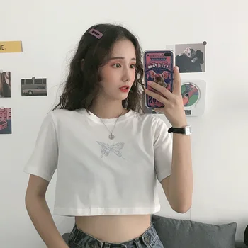 Diamante Crop Top pentru Femei T-shirt Fluture Negru Sexy Kawaii Tricou Femme Haine de Vară Harajuku Moda coreeană Femeie