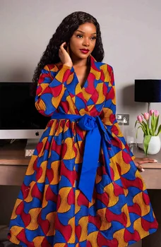 Digitale Imprimate Dress 2021 Nou Stil African Plus Dimensiunea Femei V-Neck Mâneci Lungi Colocare Centura de Moda de Înaltă Calitate Rochie