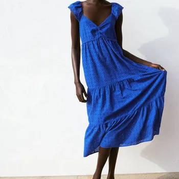 DiYiG FEMEIE 2021 vara noi dulce de îmbrăcăminte pentru femei hollow brodate curea de umar V-gât talie mare împletit rochie albastră ZA