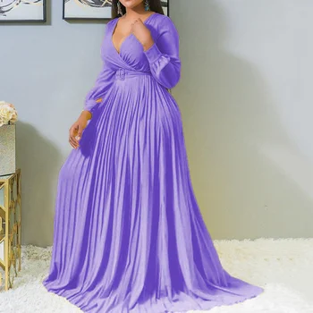 Doamnelor Rochie Costum European de Vară/ Stil American Adânc V Fold Culoare Solidă Leagăn Mare Rochie cu mâneci Lungi Femei Fusta WE140