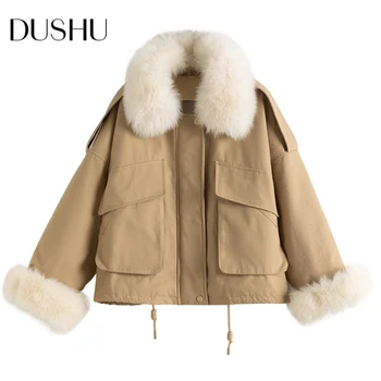 DUSHU Plus dimensiune wram lână sacou scurt pentru Femei jacheta supradimensionată haină de iarnă de sex Feminin guler de blană birou de cauzalitate streetwear haina