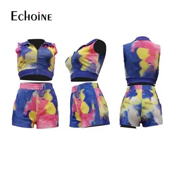 Echoine Femei Tie Dye Print Set Sexy Active Trening Fashion cu Fermoar Topuri și pantaloni Scurți de Potrivire a Două Bucata Set Jogger Trening