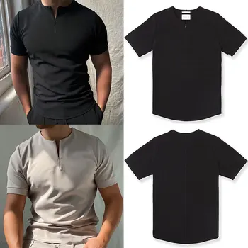 Europene Și Americane de Moda pentru Bărbați de Culoare Solidă Supradimensionate pentru Bărbați T-Shirt, Cu Fermoar Mâneci Scurte Vrac Simplu partea de Sus de Îmbrăcăminte
