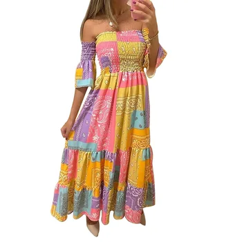 Europene și Americane de moda toamna femei elegante temperament multicolor tub de top fara bretele talie rochie de imprimare