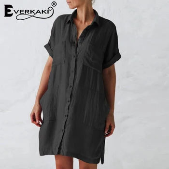 Everkaki Mini Tricou Femei Rochie de Vară pe Plajă și Lenjerie de Bumbac Buzunare Roz Boho Plus Dimensiune Scurt Shirtdress Vestidos de sex Feminin 2021