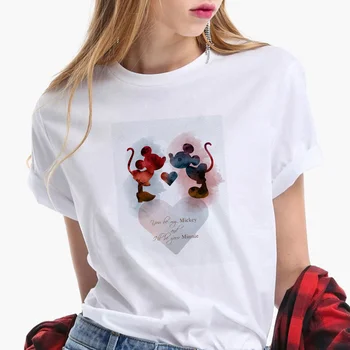 Femei Camasi de Vara cu Maneci Scurte Casual Alb O-neck Tricouri Iubesc pe Domnul Doamna Scrisoare de Imprimare Minnie Mickey Mouse Disney T-shirt