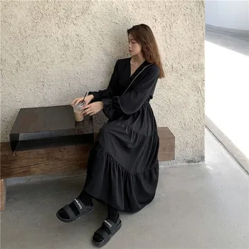 Femei cu Maneci Lungi Rochie de Vara Solid Plisata Mini Rochii Femei Elegante coreeană Stil Retro V-neck Harajuku Simplu Streetwear