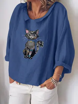Femei de desene animate drăguț pisica de imprimare 3 / 4 sleeve T-shirt de vara femei vrac top
