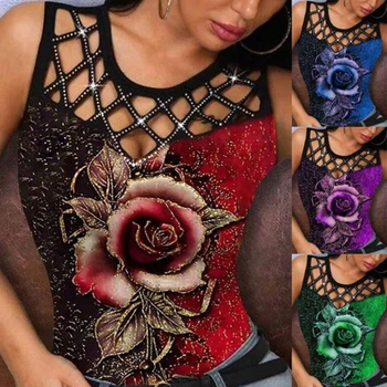 Femei de Moda de Vară Florale Imprimate Multicolor Rose fără Mâneci Rezervor Topuri Plus Dimensiune Gol Afară Doamnelor Vesta Casual Camasi