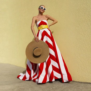 Femei Fără Mâneci Strapless Rochie Maxi, Cu Dungi De Imprimare De Moda Elegant Chic Rochie De Plajă Vacanță Rochie Lunga