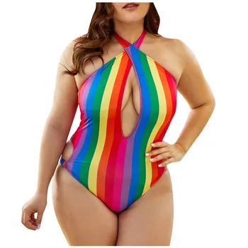 Femei-O Bucată de costume de Baie Plus Dimensiune Costume de baie Rainbow Stripe Print Halter Bikini 2021 Mujer Beachwear Swimwer Costum de Înot 4s