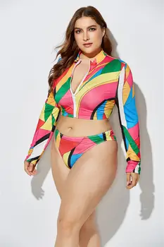 Femei Plus Dimensiune Costum De Baie Cu Maneci Lungi Imprimeu Colorat Top+ Fular+Pantaloni Scurți, Costume De Vară, De Plajă, Costume De Trening 3 Piese