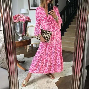 Femei Retro Leopard De Imprimare Lung Rochie De Petrecere 2021 Primăvară Elegant, Flare Sleeve Maxi Dress Moda V Gât Pierde Vara Rochii De Plajă