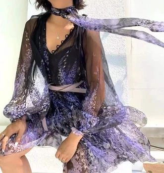 Femeile De Mătase Subțire Rochie Mini Set Alb Negru Lung Lantern Maneca Fluture Gât Gradient Rochii Plisate 2021 Noi De Vara Robe