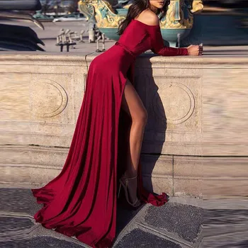 Femeile de Pe Umăr Maix Rochie Eleganta cu Maneca Lunga Mare Parte Split de sex Feminin Sexy Rochii Roșii 2021 Doamnelor Moda Formale Vestidos