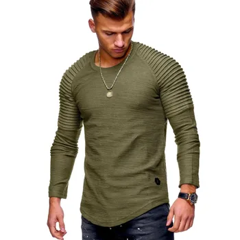 Fierbinte 2021 Culoare Solidă Maneca Cutat Patch-Uri În Detaliu Maneca Lunga T-Shirt Pentru Bărbați Primăvară Topuri Casual Pulovere De Moda Slim Bază Topuri