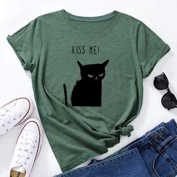 Grafic T Shirt pentru Femei din Bumbac cu Maneci Scurte Tee Tricou Femei Topuri Casual de Vara de Imprimare Haine Cadouri Sărută-Mă Pisica de Halloween