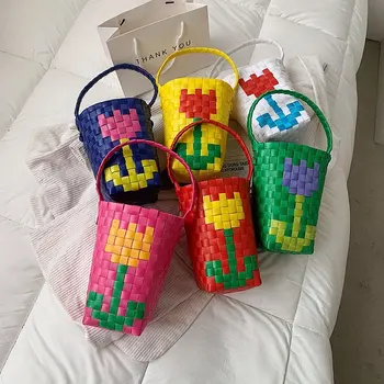 Handmade genti pentru femei de Plastic țesute flori găleată sac de vara Boem saci de plajă Feminin cumparator coș de Bomboane culori geanta