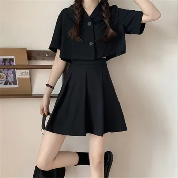 Ins Tricou Negru Fusta Pentru Femei Costum De Vară Nou Coreean Talie Inalta Fusta Plisata+Scurt Un Singur Pieptul Bluza Set De Două Piese