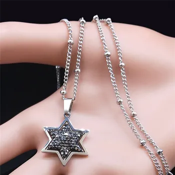 Iudaismul Hexagrama din Inox cu Cristal Negru Farmec Coliere pentru Femei de Culoare Argintie Mici Coliere Bijuterii bijoux N4866S01