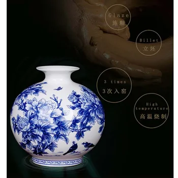 Jingdezhen Ceramică Nou Chinezesc Bujor Vaza De Flori Albastru Și Alb Portelan Ornamente Lliving Room Fine Bone China Vaza Decor