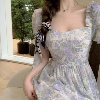 Korejepo Femei Rochie De Vară 2021 Francez De Epocă Temperament Stil Palat Gât Pătrat Slăbire Șifon Florale Leagăn Mare Vestidos
