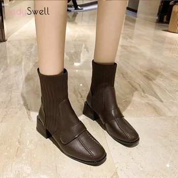 LadySwell Toamna Rochie Nouă Britanic Pantofi Tricotate Șosete Botine cu Toc mic de Epocă Glezna Cizme pentru Femei 2021