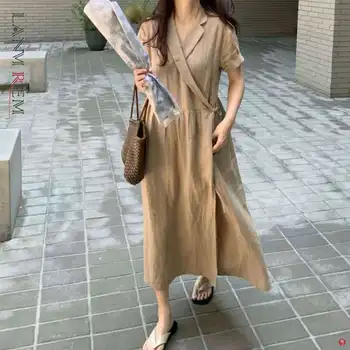 LANMREM Vara Noi-coreean de Lungime Medie Liber din Bumbac, Cânepă Scurt Mânecă Rochie Casual Femei Vrac Streetwear Îmbrăcăminte 2D1671