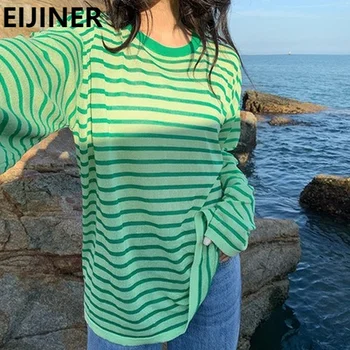 Maneca Lunga Bomboane De Culoare Subțire Tricotate Cu Dungi T-Shirt Femei De Vară De Moda Verde Leneș Supradimensionate Harajuku Haine Kawaii E Fata