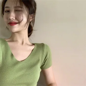Maneca scurta Tricouri Femei V-Neck Solid la Modă de sex Feminin de Bază Teuri de Vară Stil coreean Toate-meci de Elevi de Tricotat Casual, Simplu